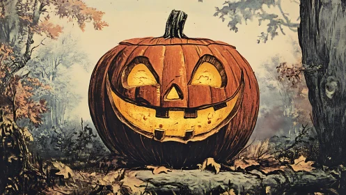 Smiling Jack O’Lantern Glowing Bright in a Quiet Forest.