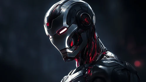Futuristic black and silver combat android in dark studio