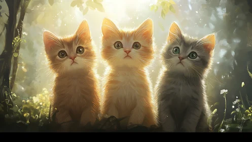 Three kittens sit together in soft backlighting with golden hues.