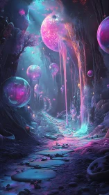 Luminescent cavern path with floating orbs and dripping forms.