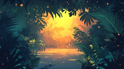 Luminous jungle lagoon glows beneath a radiant sunrise.