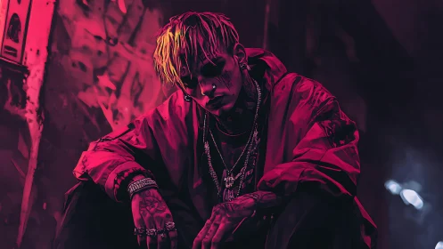 Neon-lit street portrait shows crouched tattooed figure brooding