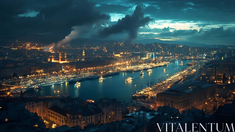 Cinematic aerial panorama captures illuminated harbor at dusk