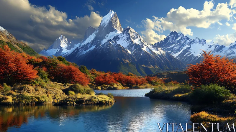 Snow peaks rise above river and autumn forest under clouds