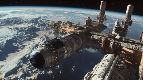 Orbital research station docking above a frozen planet.