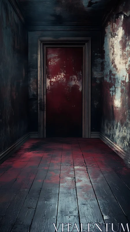 Corroded red threshold in narrow, low-light wooden corridor.