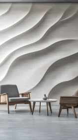 Minimalist lounge with sculpted wave wall and oak lounge chairs