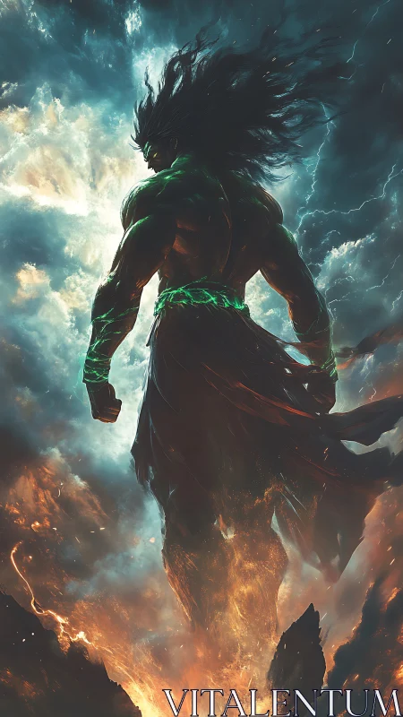 Storm-forged titan rises from fire against raging heavens