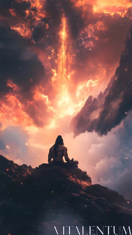 Solitary meditating figure confronts eruptive celestial firestorm