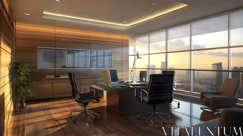 Executive corner office embraces warm sunset skyline light.