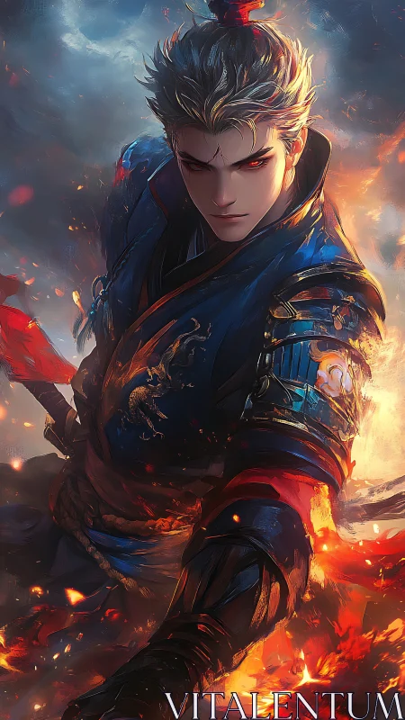 Fiery warrior poised in swirling flames and stormy sky.