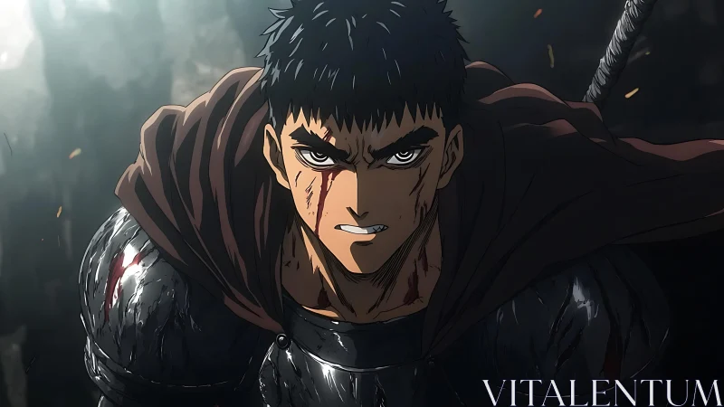 Battle-scarred anime warrior charging with fierce resolve.