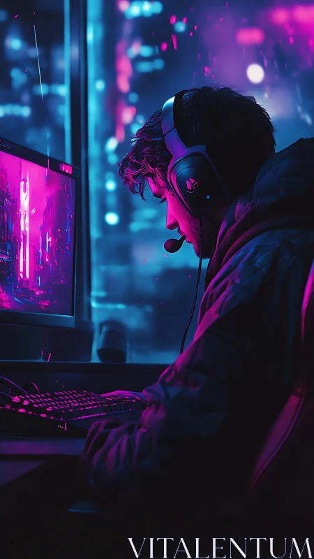 Neon night gamer deep in a dreamy cyber city glow.