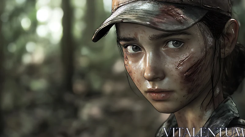 Photorealistic battle-worn girl portrait in forest setting.