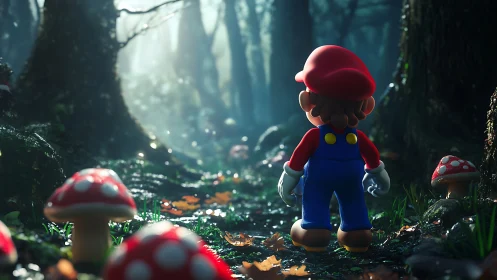 Mushroom world explorer in volumetric forest light scene.