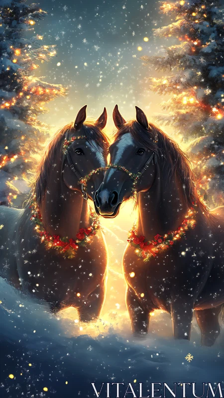 Twin bay horses in snowlit forest with warm rim lighting