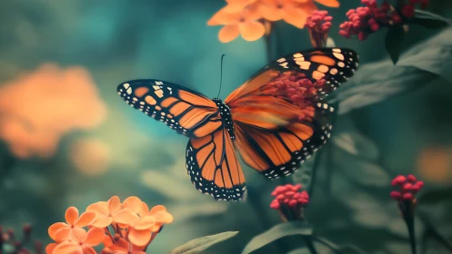 Monarch butterfly on orange flowers in shallow focus garden.