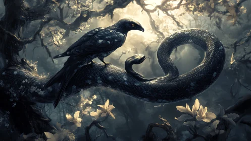 Nocturnal corvid and serpent in bioluminescent forest tableau.