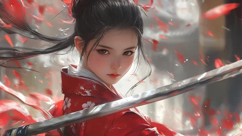 Scarlet-blade maiden poised in swirling petals of resolve.