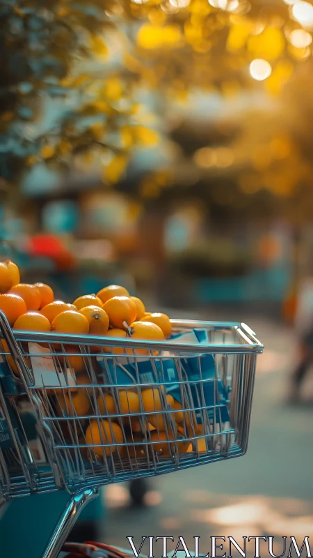 Shopping cart holds oranges under shallow depth of field