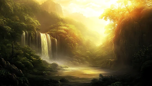 Golden jungle waterfall bathed in sunrise mist glow.