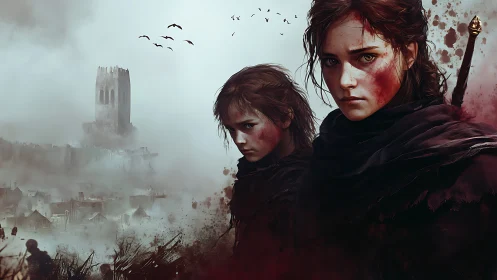Battle-scarred sisters glare over a ruined, misty citadel