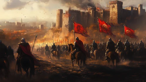 Scarlet banners ride toward a burning medieval fortress.