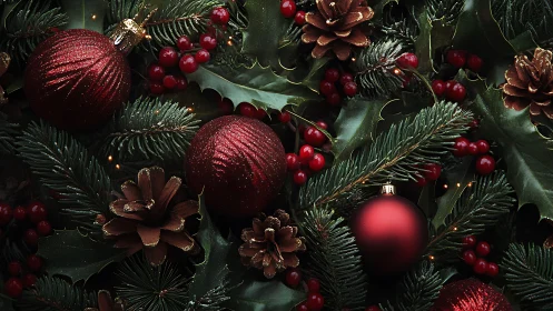 Red baubles nestle in lush evergreen and pinecone wreath