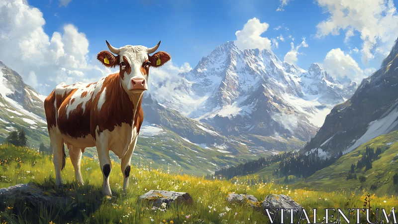 Brown and white cow standing in bright alpine meadow landscape.