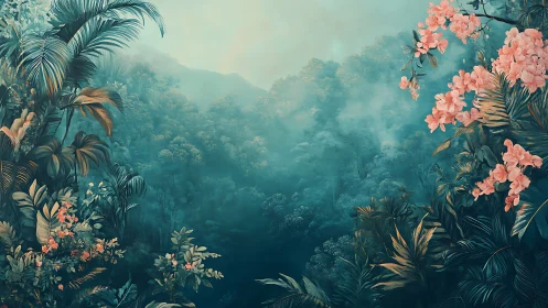 Tropical Mountain Valley Draped in Mist and Coral Blooms.