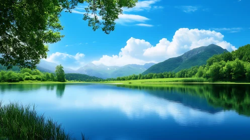 Sky-mirrored mountain lake wrapped in lush emerald silence.