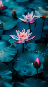Pink Lotus Blooms in Neon Twilight Waters.