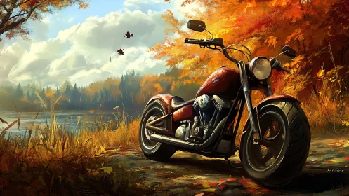 Red cruiser motorcycle beside an autumn lake shore path.