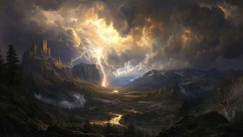 Electrodynamic storm breach over fortified alpine valleyscape.