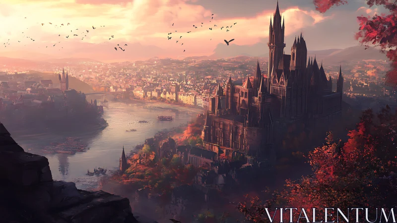 Sunlit gothic riverside citadel above sprawling autumn city.