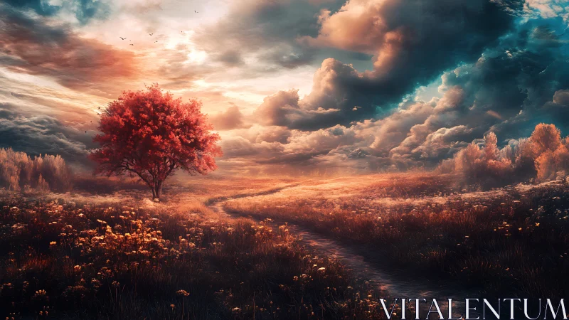 Red tree in glowing meadow under dramatic storm sky.