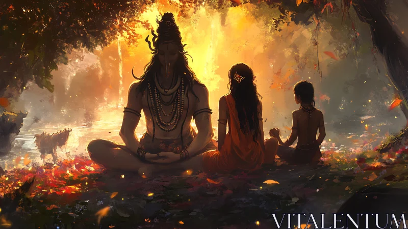 Sunlit riverside meditation with divine family in autumn glow.