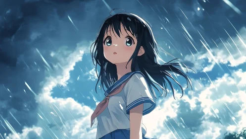 Anime schoolgirl under stormy sky with vivid rainfall.