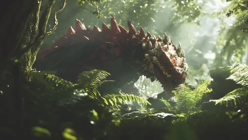 Spiked reptilian creature in dense sunlit jungle environment.