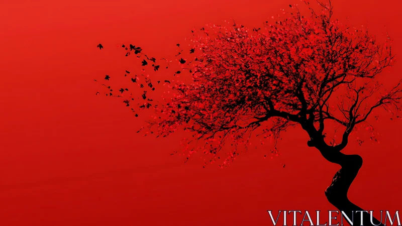 Silhouette of Windswept Tree with Flying Leaves on Red Background.
