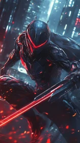 Cybernetic katana operative in neon-ignited megacity storm.