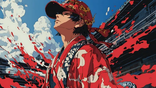 Street samurai in red kimono brews a storm of swirling paint.