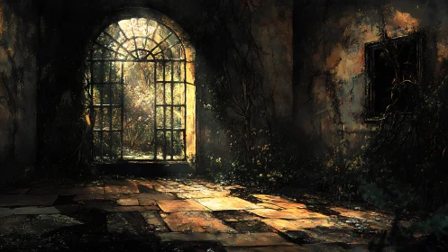 Sunlit iron gate opens from dark ruined corridor