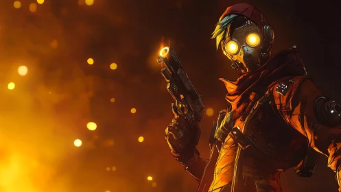 Masked gunman stands in glowing orange sci fi environment