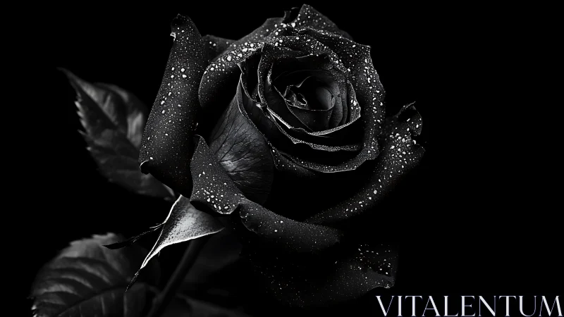 Close-up black rose with water droplets on dark background.