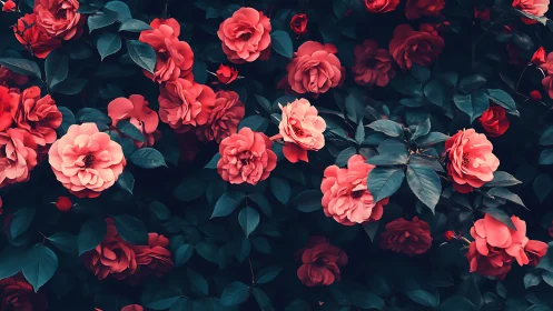 Lush Garden of Crimson Roses Blooming Beautifully