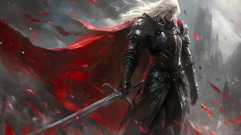 Armored swordsman dominates storm-lit battlefield with crimson cape