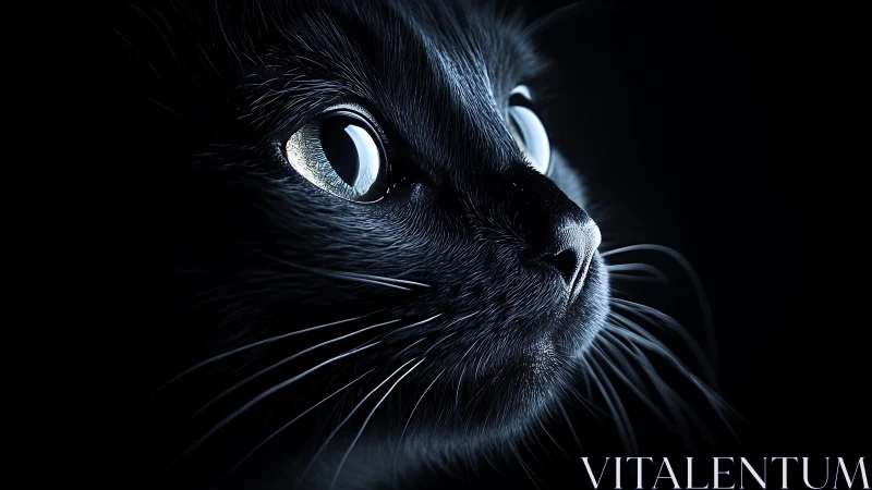 Black Cat with Glowing Eyes Against Dark Background.