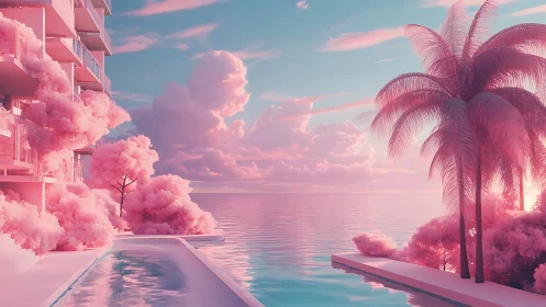 Pink coastal resort pool overlooks calm reflective ocean horizon