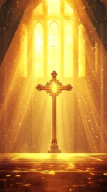 Radiant golden cross crowned by streaming cathedral light.
